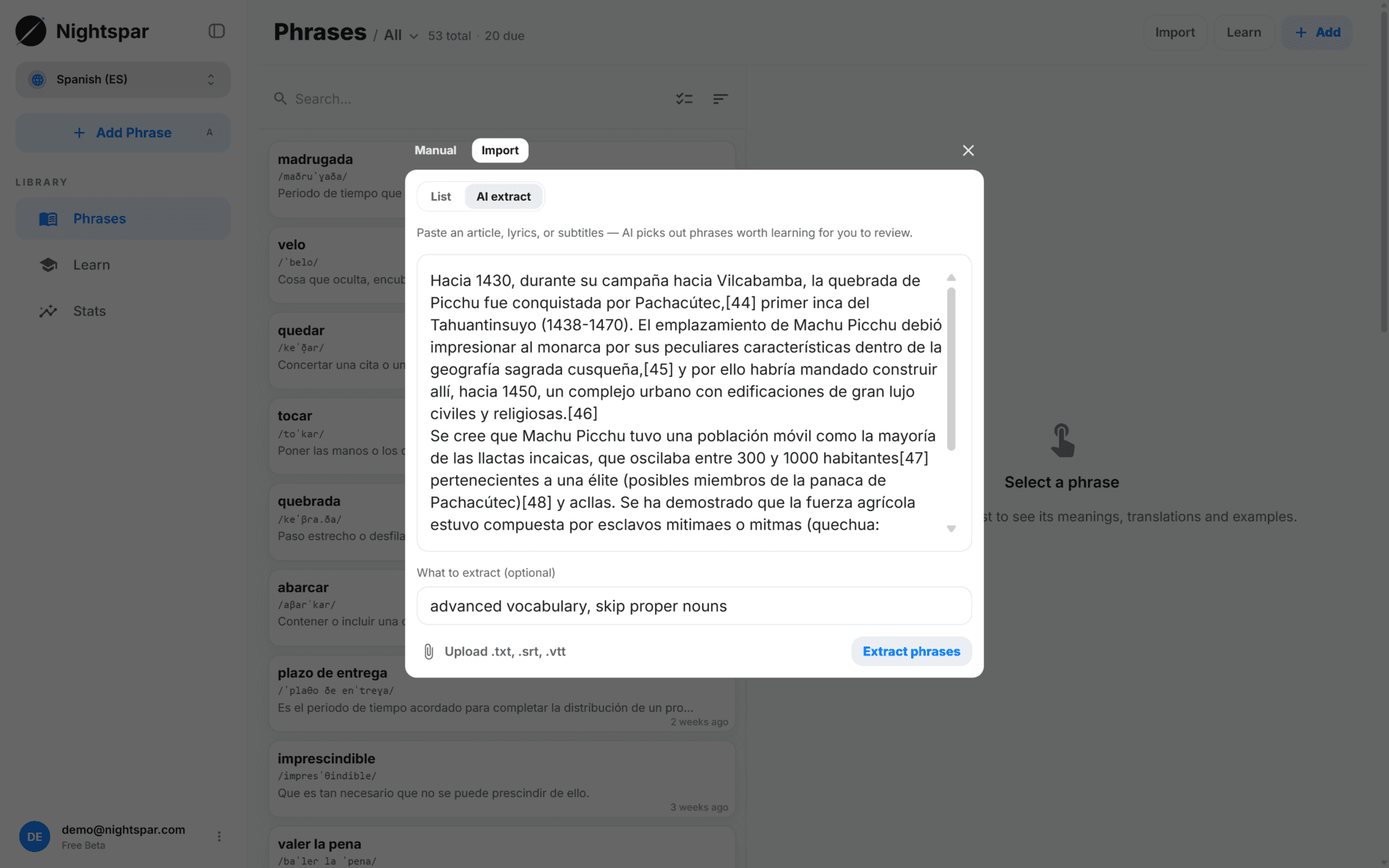 The import tab on the AI extract step, with an article pasted in and a focus instruction below it