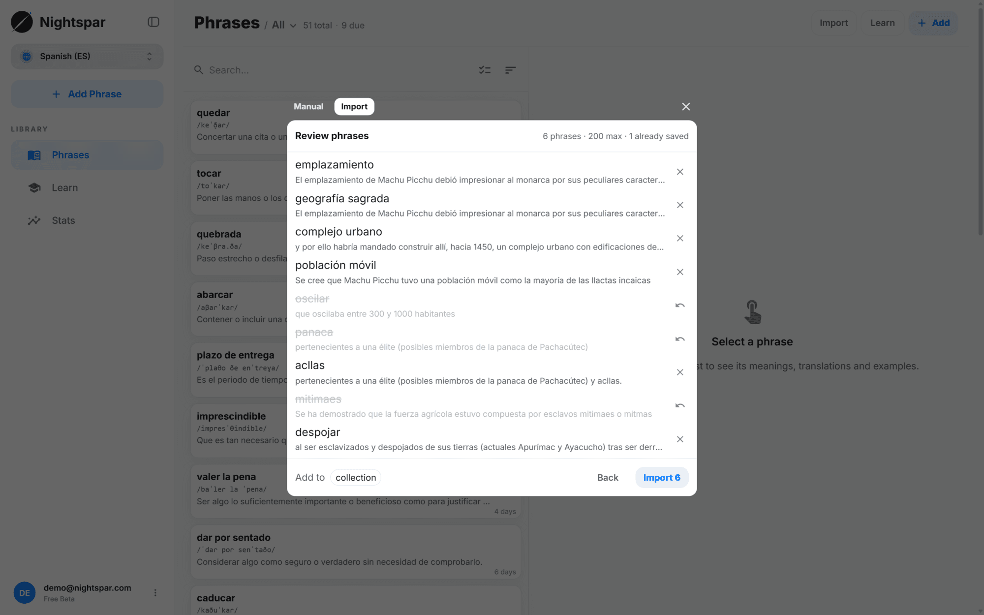 The review list before importing, with several candidate phrases toggled off
