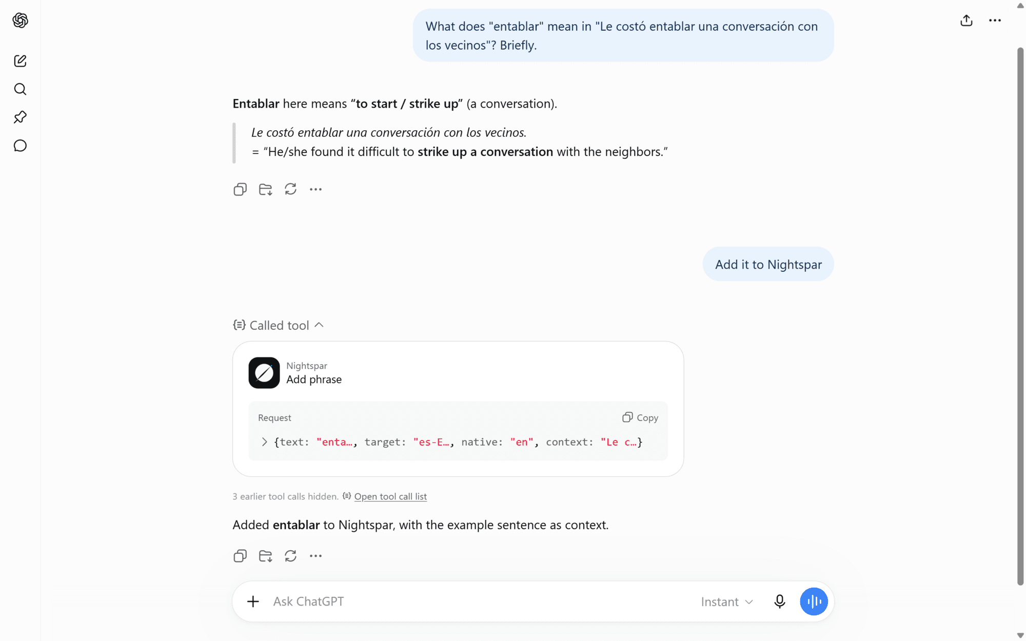 A ChatGPT conversation explaining a Spanish word, with the Nightspar connector saving it along with the sentence as context