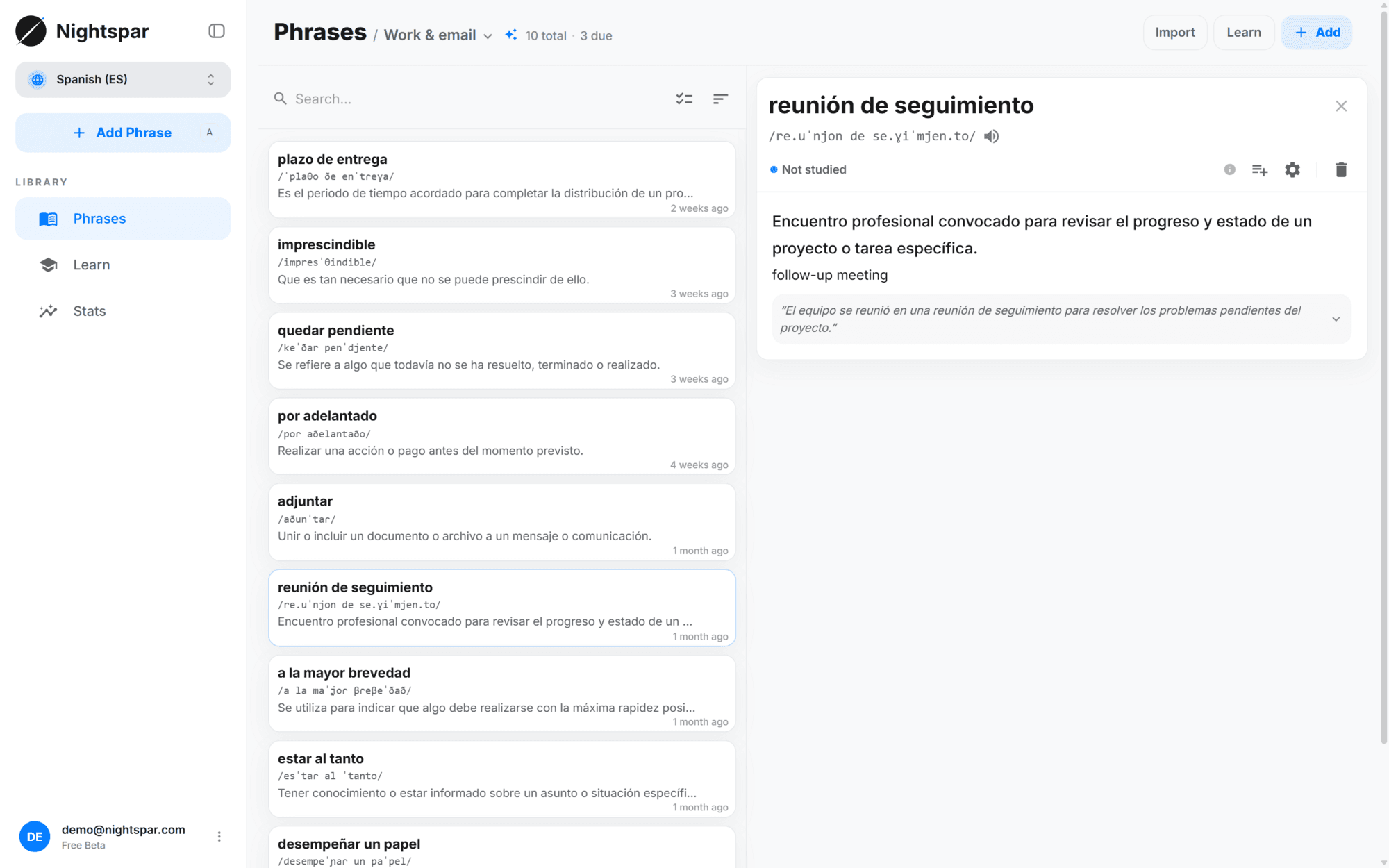 A smart collection of work vocabulary, with one phrase open showing its meaning, translation and example