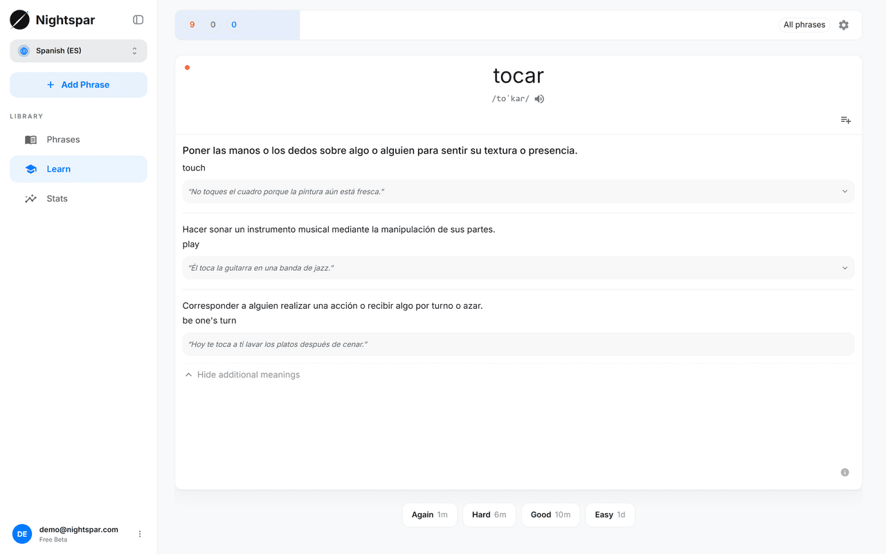 A flashcard with its answer revealed, showing meanings, examples and the review buttons