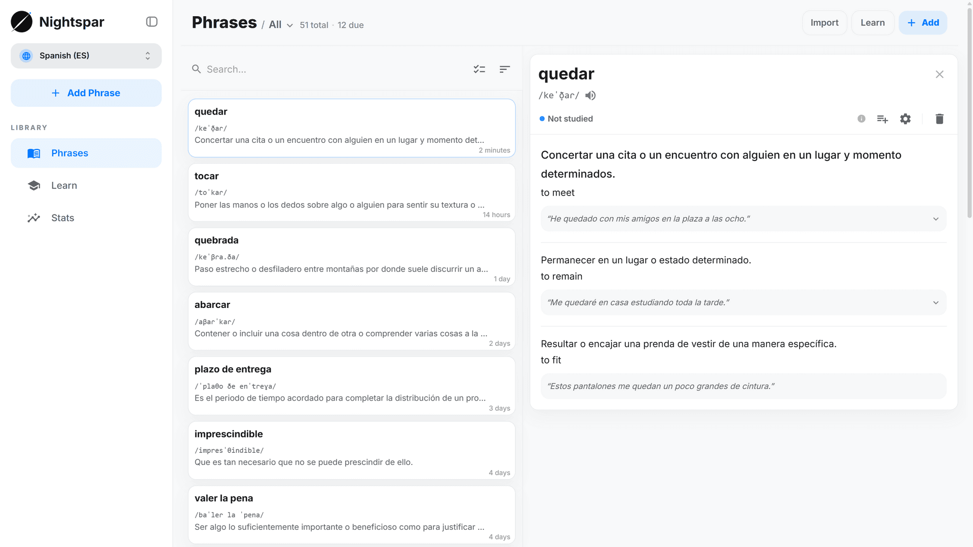 The Nightspar phrase library, with a saved phrase open showing its meanings and examples