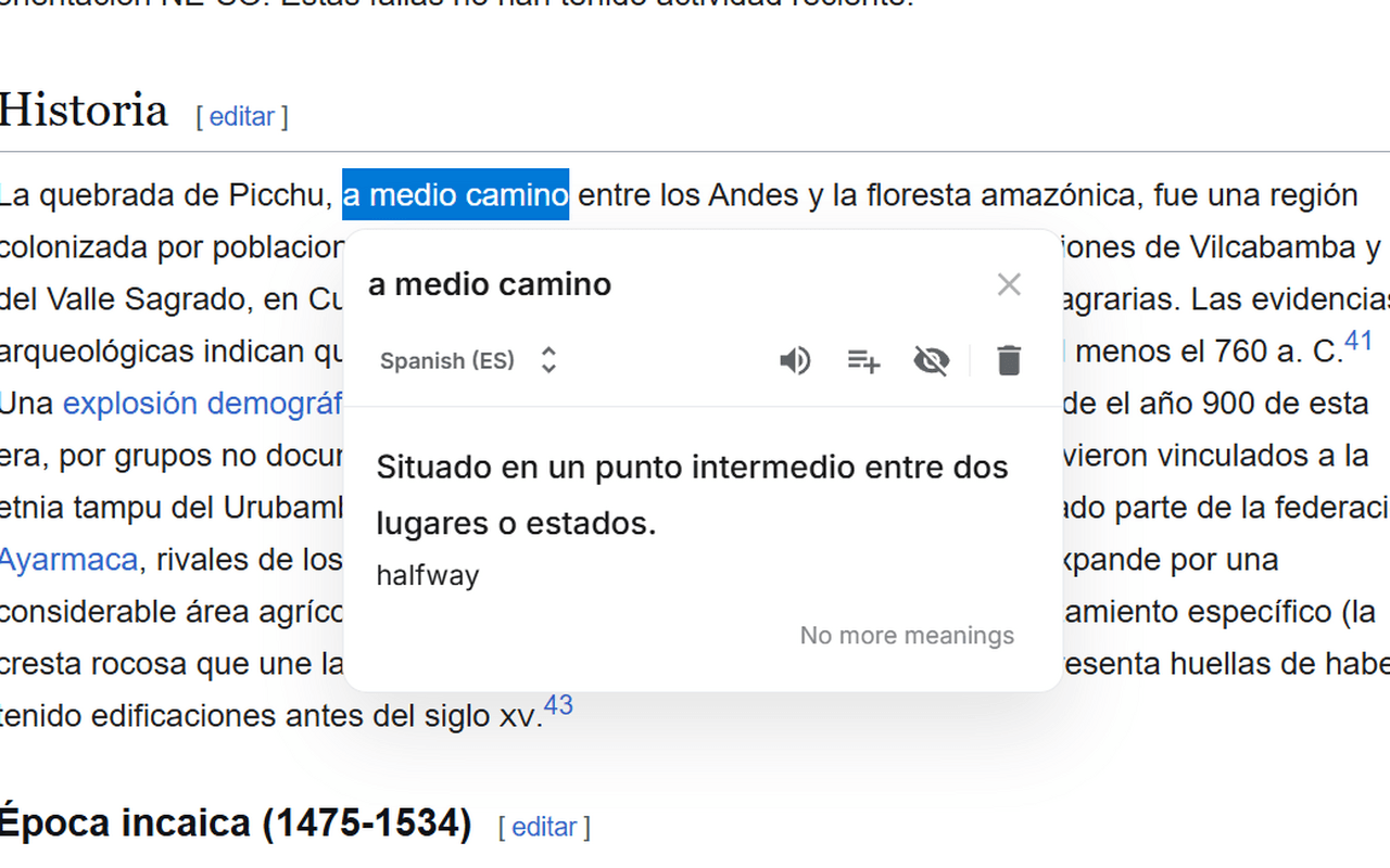 A phrase selected in a Spanish article, with the Nightspar panel open beside it showing the meaning and its English translation